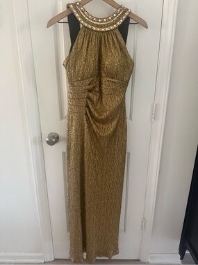 Xscape Evenings Gold Embellished Halter Evening Gown 4p *As Is